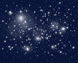 Poster - Sparkling white light particles on transparent background, glowing stars and dust effect, festive glitter overlay, magical illumination, digital abstract decoration.