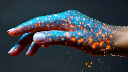 Leinwandbilder - glowing glitter hand: a close-up shot of a hand adorned with vibrant, glowing glitter, creating a ma
