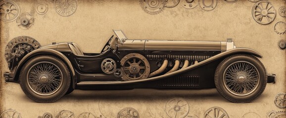 Vintage roadster car profile with sepia toned background and gears.