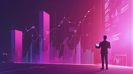 Poster - new year business goals concept. businessman analyzes graph of trend market growth and plans busines