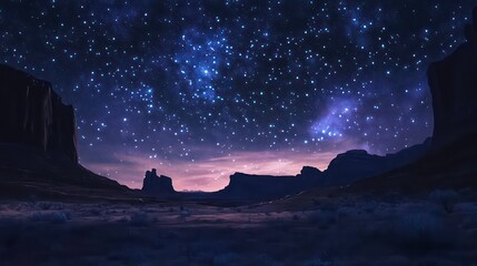 Poster - Starry night sky over a desert landscape with towering rock formations.