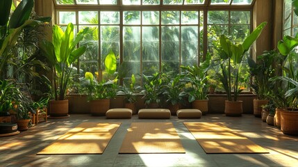 Aufkleber - Soft sunlight filters through large windows, illuminating a spacious yoga area adorned with lush plants. Three yoga mats are neatly arranged, inviting relaxation and mindfulness.