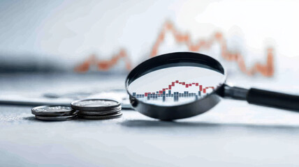 Poster - Magnifying glass over fluctuating stock market data and coins