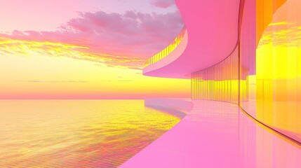 Canvas Print - Pink modern architecture overlooking sunset ocean.