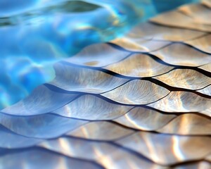 Wall Mural - Abstract close-up of blue water rippling over a textured, light brown tiled pool floor.