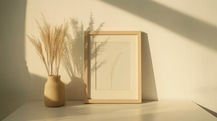 Poster - Sunlit minimalist room decor with pampas grass in vase and wooden frame.