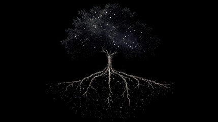 Poster - Mystical tree with glowing stars in its branches and roots against a black background.