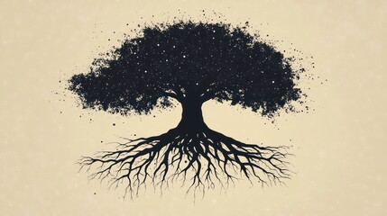 Poster - Silhouette of a large tree with extensive roots and leaves falling.