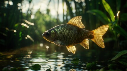 Poster - Golden fish swimming in a lush green river.