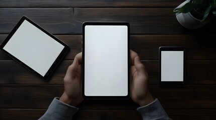 Poster - Hands Holding Tablet Beside Other Devices On Wooden Table