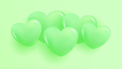 Poster - 3d light green glossy hearts romantic background for Wedding Day invitations and Valentine's Day holiday greetings. Vector Illustration.