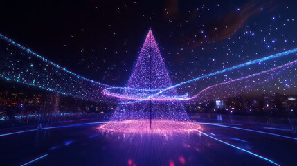 Poster - Illuminated Christmas tree with light trails at night.