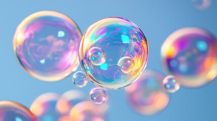 Poster - Iridescent soap bubbles floating on a blue background.