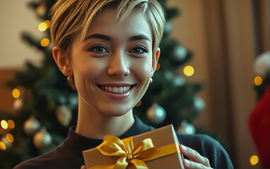 A cheerful young woman with short blonde hair smiling warmly in a cozy festive setting with holiday lights.