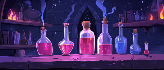 Vector cartoon illustration of a castle alchemist's lab filled with colorful potions