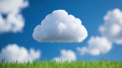 Aufkleber - Single cloud above grass horizon 3d rendering image. Fluffy white cloudscape peaceful grassy background wallpaper colorful realistic. Simplicity and serenity in nature concept idea