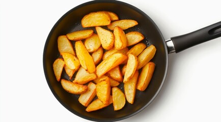 Wall Mural - Frying pan with potato wedges on white background, top view.