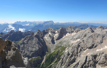 view from over 3000 m altitude on the european alps mountains in northern italy in summer