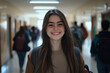 © nblxer - Smiling portrait of student girl at school hallway with backpack for learning, studying or knowledge.