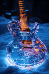 Poster - A futuristic guitar with holographic strings and a translucent body, placed on a smooth, monochromatic blue backdrop,