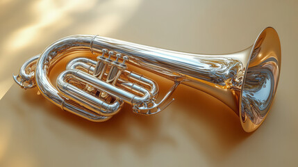 Poster - An abstract wind instrument resembling a twisted metallic sculpture, displayed on a gradient gold-to-white background,