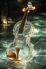 Poster - A violin crafted from transparent crystal-like material, with a glowing bow, placed on an elegant emerald green background,
