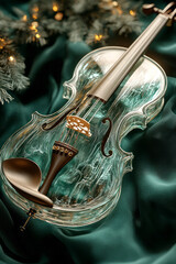 Poster - A violin crafted from transparent crystal-like material, with a glowing bow, placed on an elegant emerald green background,