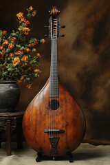 Poster - A traditional string instrument with a crescent-shaped body and silk strings, positioned on a warm terracotta background,