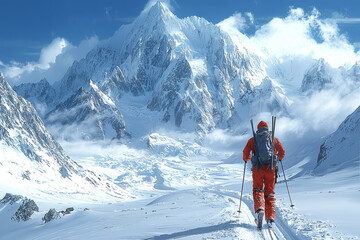 Poster - A focused biathlete skiing through a snow-covered trail, carrying their rifle on their back, with the icy mountains towering in the background under a bright blue sky,