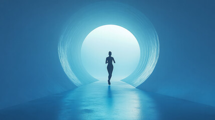 Poster - A minimalist depiction of a person jogging steadily in a circular running wheel, placed on a soft pastel blue background that adds calmness to the energetic action,