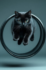Poster - A sleek black cat running gracefully in a minimalist metallic wheel, positioned on a gradient gray background to highlight its dynamic movement,