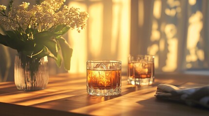 Poster - Whiskey glasses with ice and flowers on table in warm sunlight