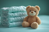 A playful composition of a baby diaper with a small teddy bear lying next to it, set against a plain mint green background to convey a sense of nurturing and joy,