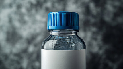 Aufkleber - A close-up of a bottle of formula with a plain white label and a soft blue cap, positioned on a neutral gray background to evoke trust and functionality,
