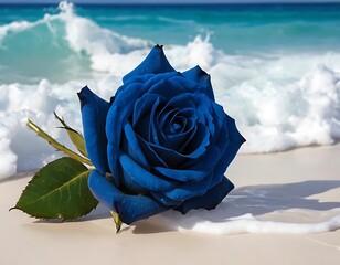 a single blue rose rests on a sandy beach near ocean waves