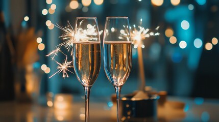 Poster - Two champagne glasses celebrating with sparkles on blurred lights background