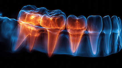 Poster - A dentist presenting a high-resolution X-ray of a tooth, the image glowing slightly against a plain black background to highlight the contrast and detail,