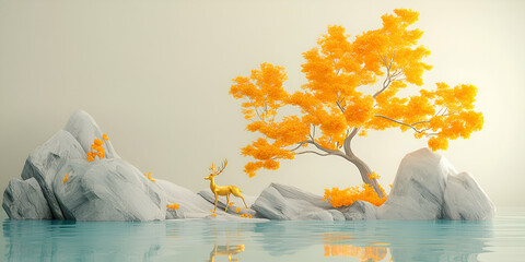 Wall Mural - Golden Deer by Autumnal Tree on Serene Rock Island; Digital Art Landscape Illustration