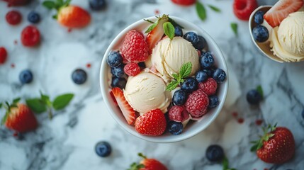Poster - Vanilla ice cream scoops with fresh berries and mint