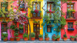 © HQAsset - Vibrant Colorful Houses with Blooming Trees, Decorated Balconies and Potted Plants