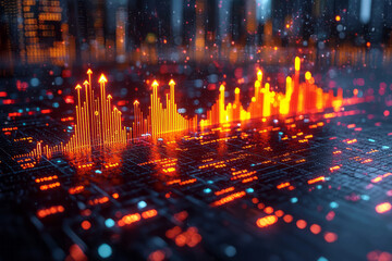 Poster - A glowing 3D hologram of a rising stock market graph with vibrant arrows pointing upward, surrounded by currency symbols,