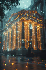 Aufkleber - a futuristic holographic projection of a government building with glowing pillars, surrounded by flo