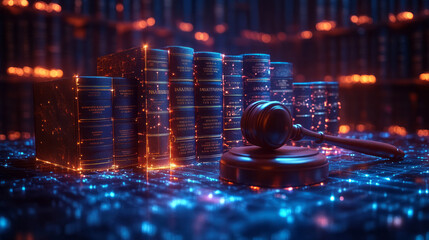 Poster - A dynamic 3D hologram of interconnected law books forming a circle, with glowing lines linking them to a central gavel, set against a gradient blue background to evoke unity and governance,