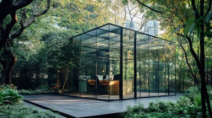 A cutting-edge eco-friendly office with a transparent glass design,