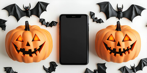 Wall Mural - Halloween Jack-o'-lanterns & Bats, A Spooky Phone Mockup