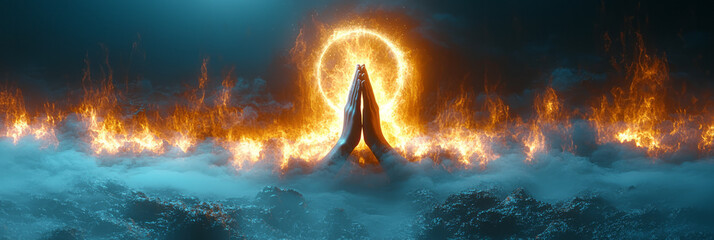 Poster - A luminous 3D hologram of hands clasped in prayer, with a faint halo-like glow above them, positioned on a gradient light blue background to evoke peace and devotion,
