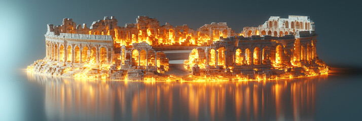 Aufkleber - a luminous 3d hologram of an ancient amphitheater with glowing architectural details, positioned on 
