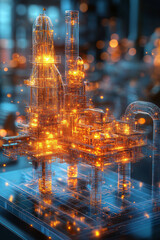 Aufkleber - A holographic image of a glowing oil rig with flowing digital pipelines, displayed on a gradient gray-to-blue background to emphasize traditional energy sources,