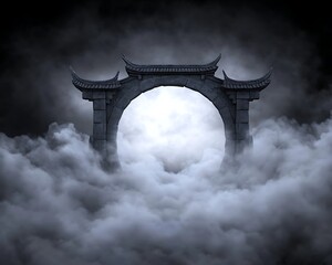 Canvas Print - Ancient stone archway in clouds, moonlit night.