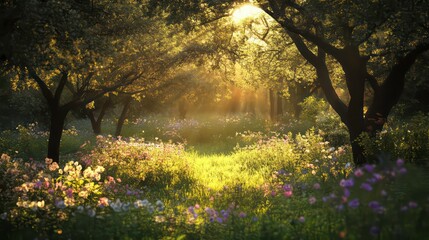 Poster - Sunbeams illuminate a magical forest path, wildflowers bloom in vibrant colors.